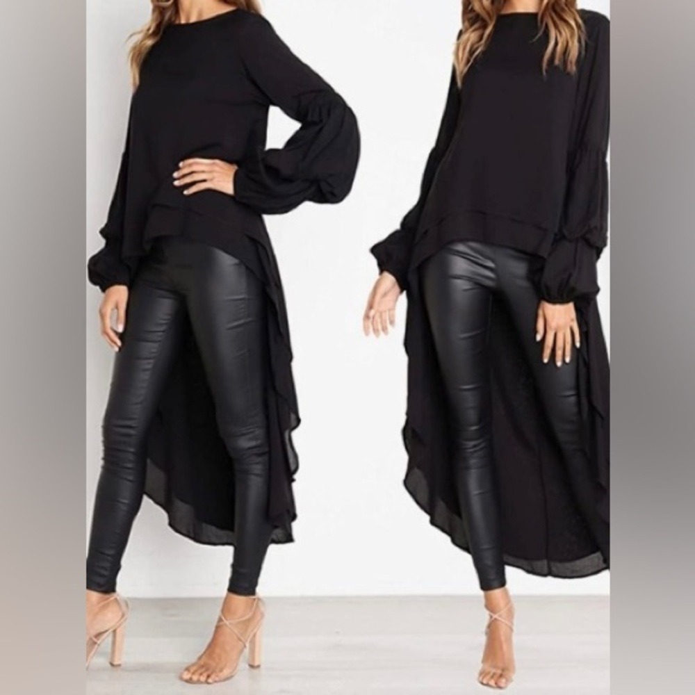 PrettyGarden Black High Low Bubble Sleeve Chiffon Blouse Drama Asymmetrical Top